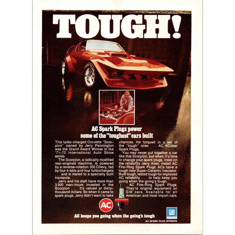 1973 AC Spark Plugs Vintage Print Ad Scorpion Corvette Jerry Pennington Wall Art